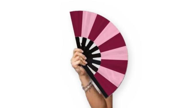 Mano sosteniendo el abanico Barras bordó y rosa radial